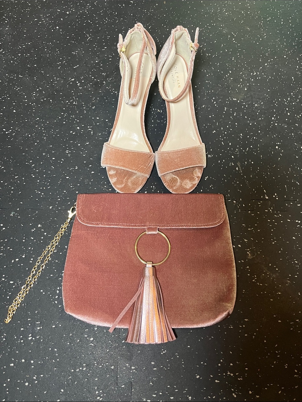 Cole Haan Velvet Tassel Glitter Heel with Wristlet Clutch Dusty Rose Mauve Set